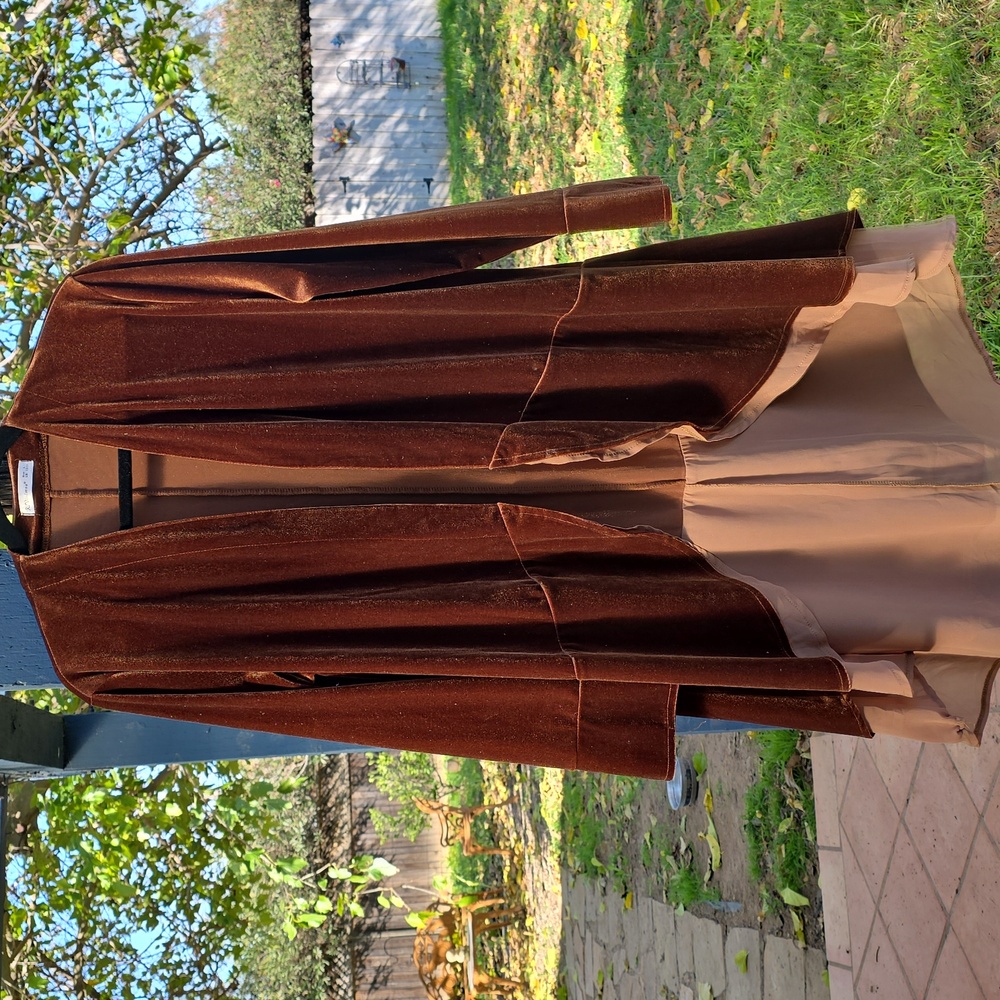 Brown Velvet and Tan Chiffon Open Front Cardigan